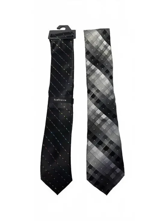 Van Heusen Men's Silk Ties Set of 2 - Black Multicolor & Gray Checkered Patterns