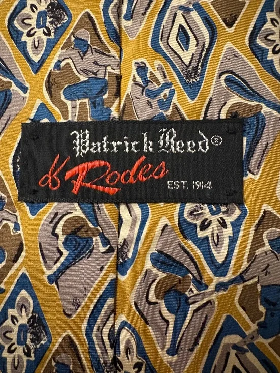 Vintage Patrick Reed 100% Silk Hidden Baseball Player Tie Gold Blue Geometric US