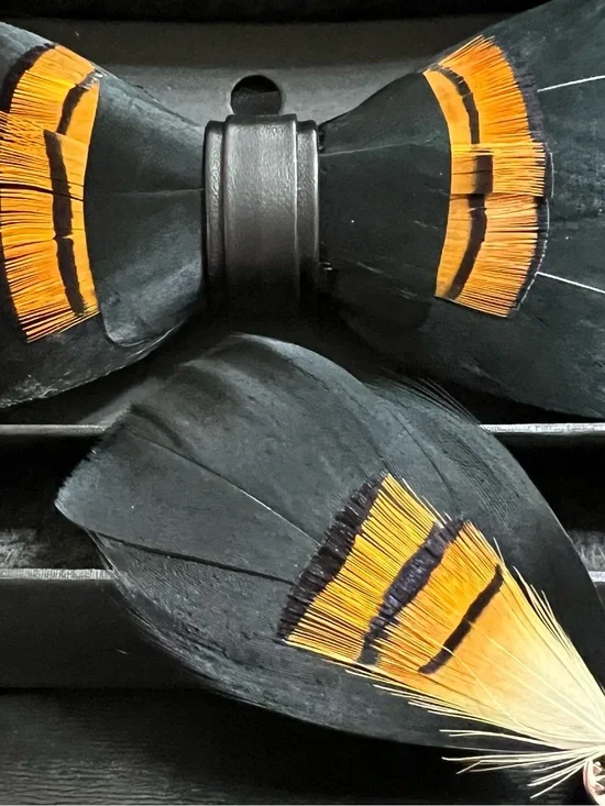 Black and Orange Feathered Bow Tie and Lapel Pin