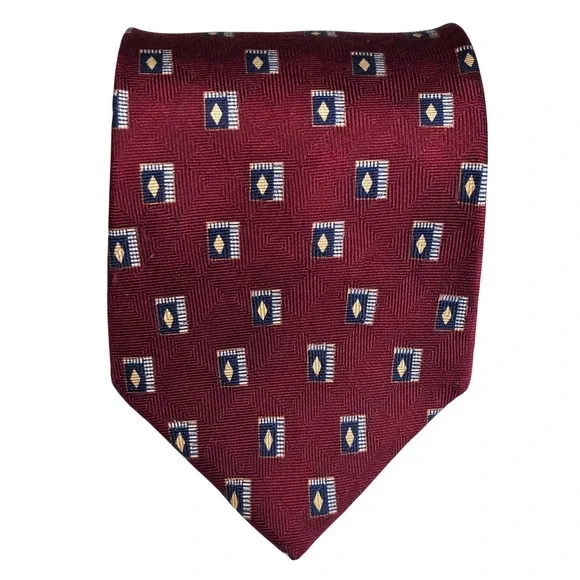NEO‎ BILL BLASS Mens Burgundy Silk Geometric Pattern Necktie preowned