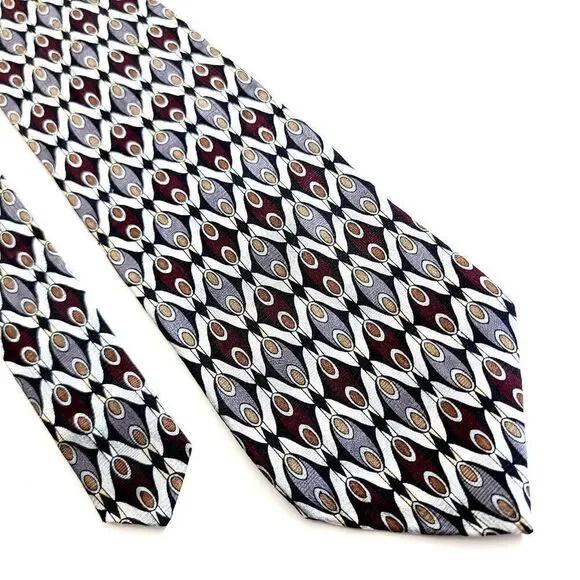 Martin Wong Red Silver Tan Print Short Wide Silk Tie‎
