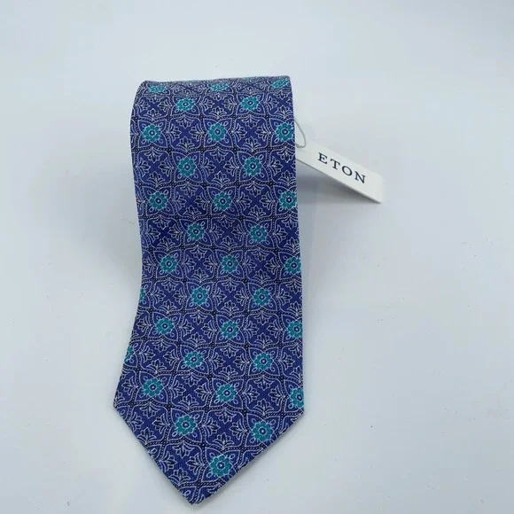 Eton Tie Men One Size Blue Green Floral Linen Classic Fit Necktie Italy Made NWT