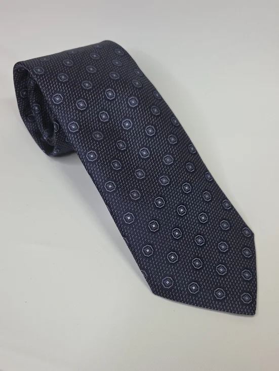 Canali Mens Dark Blue 100% Silk Tie with Light Blue Medallion Pattern 3.5x59.5