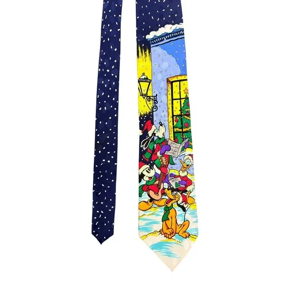 Disney Store Mens‎ Silk Tie Mickey Mouse Donald Duck Christmas Caroling Blue