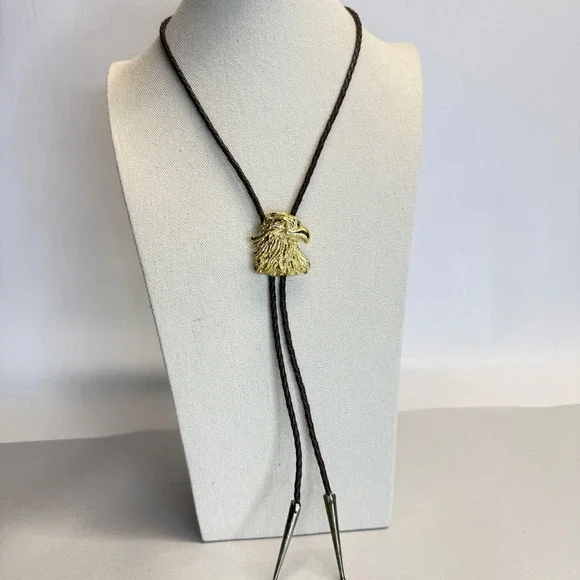 Vintage Eagle Head‎ Bolo Tie Braided Brown Cord Western Americana Gold Tone