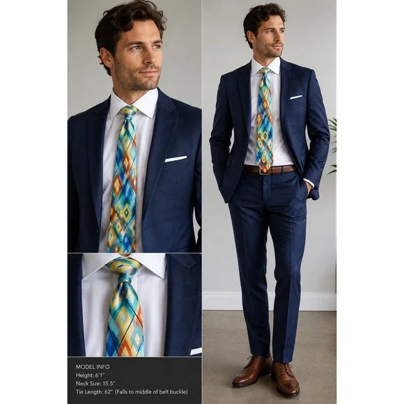 J Garcia Carousel Silk‎ Tie Mens Blue Orange Geometric Abstract Art 62 Inch Long
