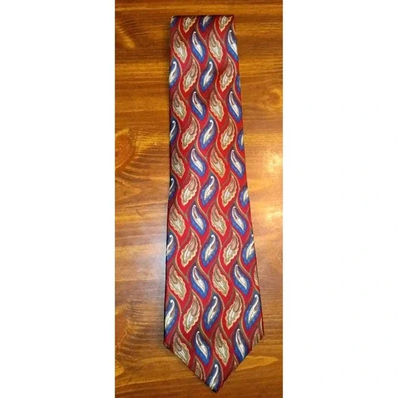 Wembley Mens Silk Tie Red Blue Gold Abstract Paisley Leaf Pattern Made in USA‎