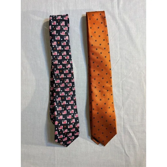 Mens Neckties Set 2‎ American Flag Stars Pattern Orange Geometric Silk Blend