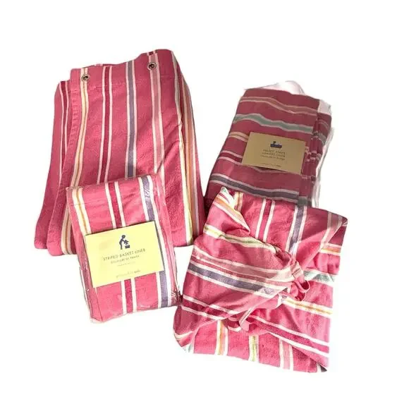 Pottery Barn Kids pink stripe bundle 1 hamper liner, 1 curtain, 2 basket liners