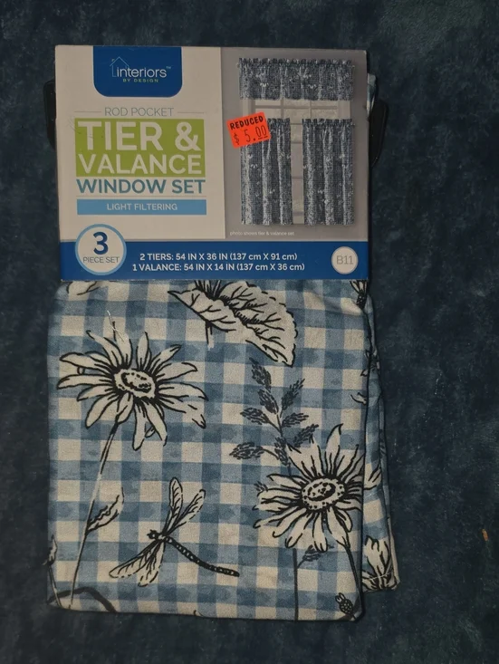 Blue Gingham Floral Tier & Valance Set
