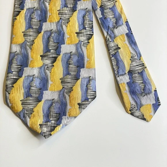 Cocktail Collection Vintage Wine Necktie Mens Blue Yellow Silk Abstract Mod Work