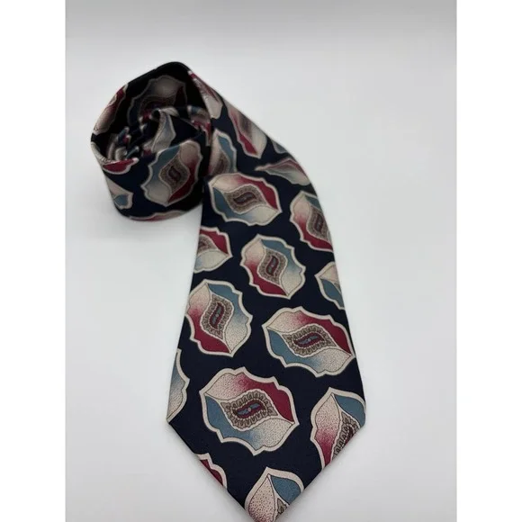 Pierre Cardin 100% Silk Necktie, Geometric/Paisley Motif Pattern, Navy/Red/Cream