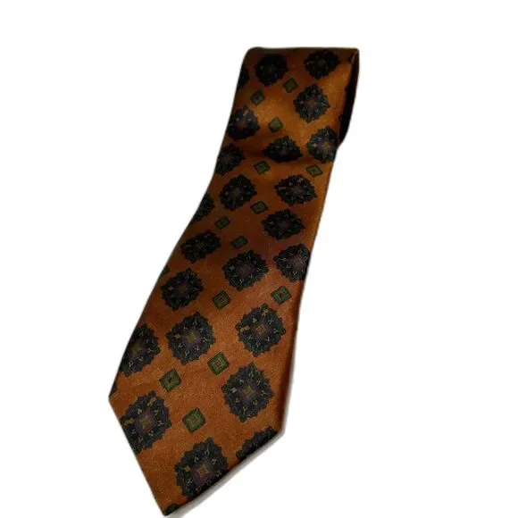 Robert Talbott Men's Brown Multicolored Medallion Diamond Pattern 100% Silk Tie
