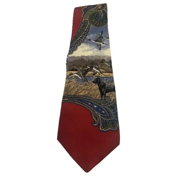 Vtg Ducks Unlimited Men's Red Silk Tie 3.75” Pintail Duck‎ Birddog Hunting Scene