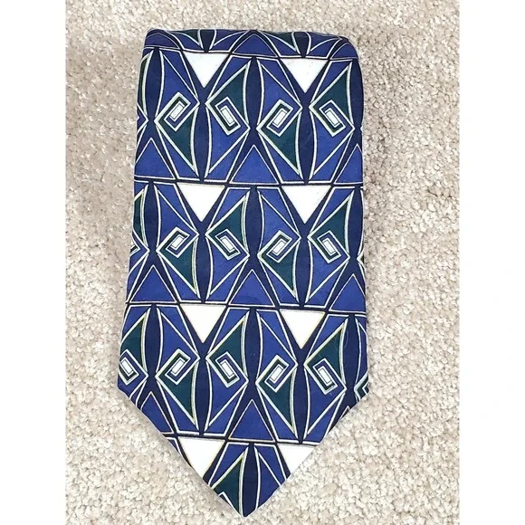 KETCH Men's Geometric Neck Tie  Navy Green and‎ White Polyester 56.5