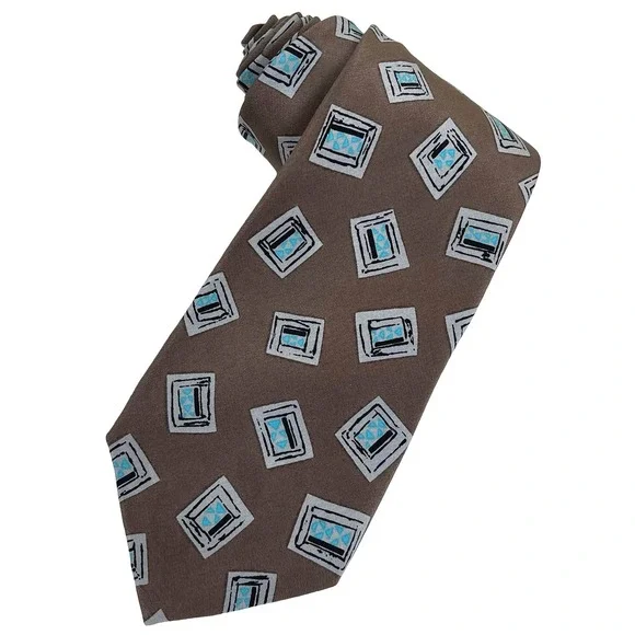 Vintage Oakton Ltd Silk Necktie Tie Mens Brown Geometric Abstract 80s New Wave