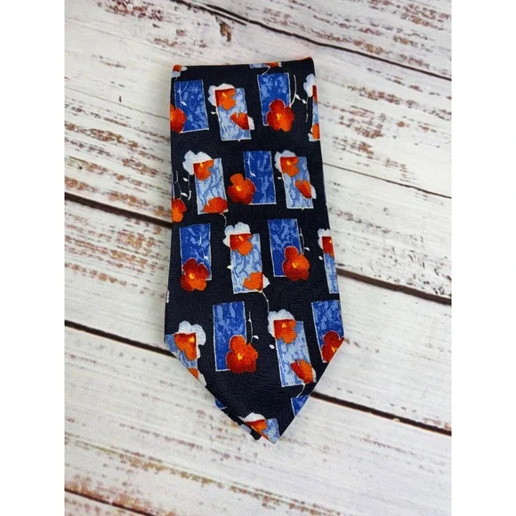 Ermenegildo Zegna Silk Tie Navy Blue Orange Floral Geometric Made in Italy
