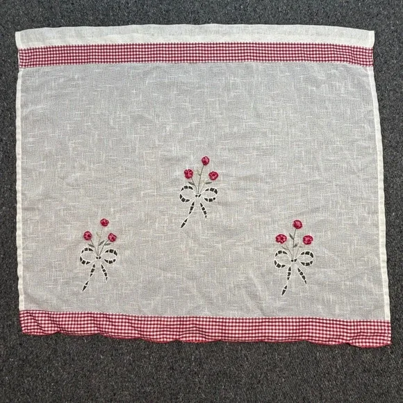 Vintage Kitchen Cafe Curtain Red Gingham White Floral Embroidery Boho Farmhouse