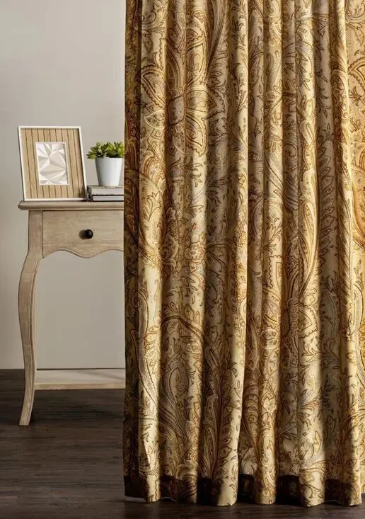 Pair Maison D'Hermine Cotton Paisley Drapes Curtains 84 Long Gold Tan 2 Panels