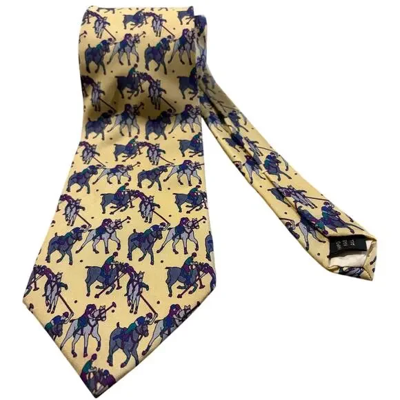 Bert‎ Pulitzer Polo Horse Print Silk Tie Yellow Equestrian  Necktie Vintage USA