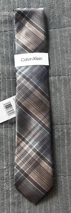 Calvin Klein Men’s Charcoal Gray Silver Plaid Silk Blend Tie NWT