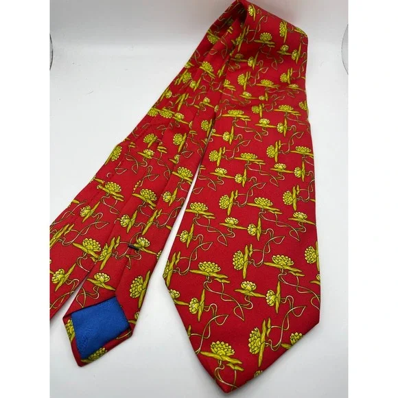 Sulka Mens Silk Tie Red Yellow Floral Vine Pattern Made in France Classic 3.75