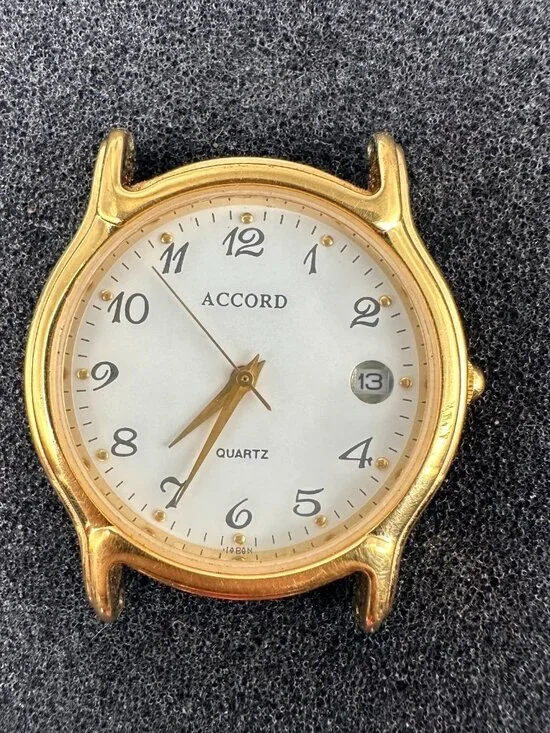 3/$30 Accord Watch No Band Mens Gold Tone White Dial 32MM New Battery