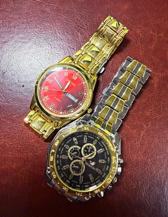 Lot of 2 Men’s Quartz Watches ORISS Red Dial Orlando Chronograph Gold Tone