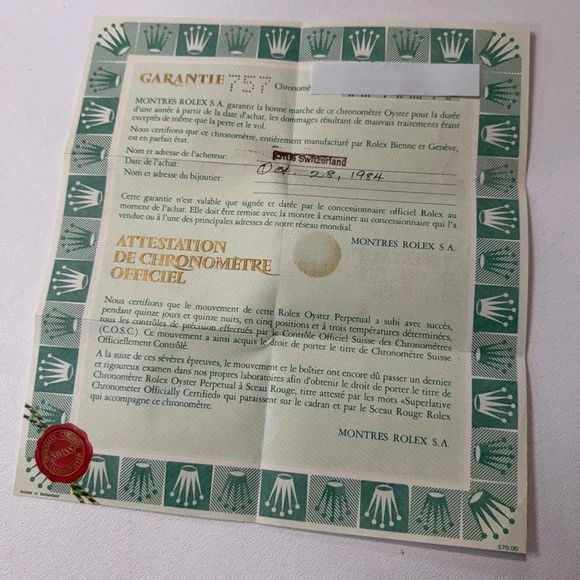 Vintage Rolex 16013 Datejust Warranty Paper Attestation Chronometer 1984 570.00