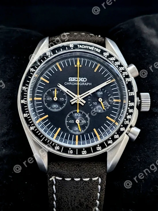 40mm Titanium Seiko Chronograph Black Dial Mod Watch with Brown Strap