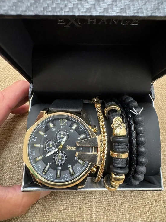 American Exchange Men's 5-Piece Watch & Bracelet Set Black/Gold Skull