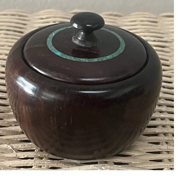 Turned Wood Round Lidded Turquoise Inlay Trinket Box‎ Signed Art Wood