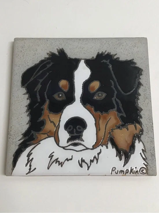 Australian Shepherd Dog Hand Painted Tile by Pumpkin 6x6” Trivet Vintage *NOTE*