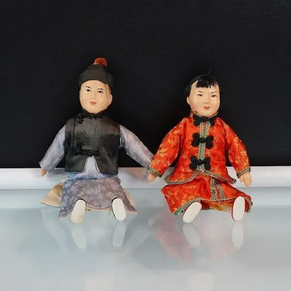 Vintage Composition Dolls Asian Couple FLAWS