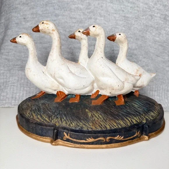 Vintage Cast Iron Goose Doorstop Five White Geese Farmhouse Decor Heavy Duty