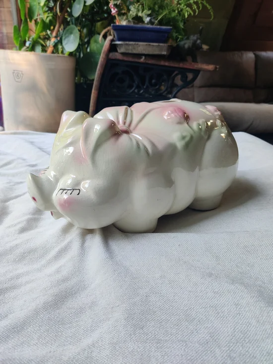 50s Large Piggy Bank Smiley Eyelashes Ribbon Lucky Shamrocks Clover Kitsch 7x13