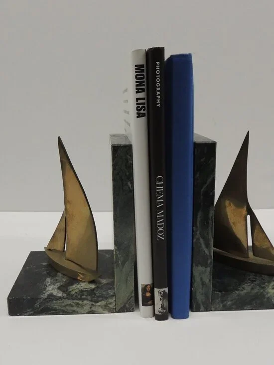 MCM Vintage Brass Sailing Boats and Green Marble Bookends