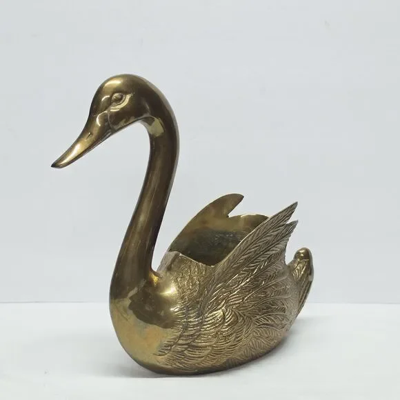 Vintage Cast Brass Swan Planter Mid-Century MCM 10 Inches Tall Made In Korea