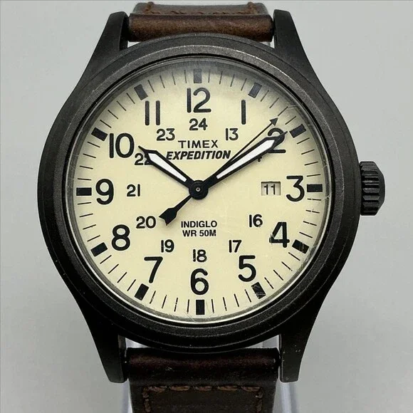 Timex Expedition Indiglo Men Watch 40mm Cream Dial Brown Leather T4K693 New Batt