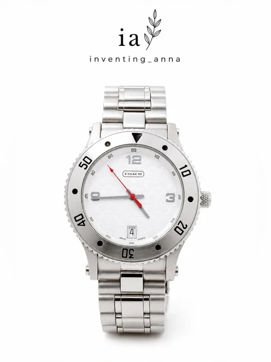 Silver-Toned Stainless Steel Unisex Watch w/White Monogram Dial Red Second Hands