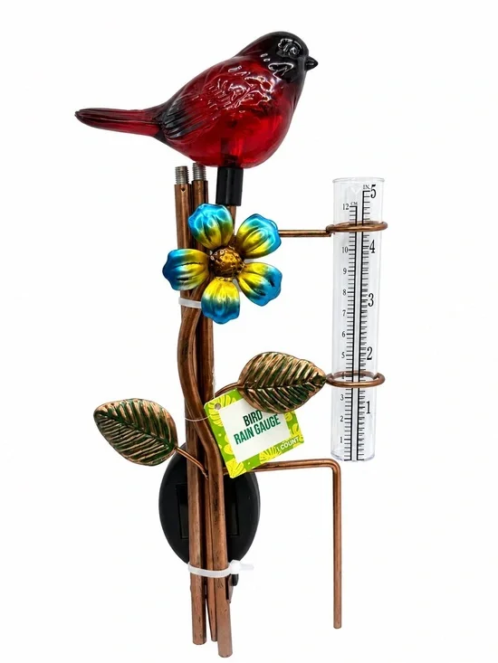 Solar Cardinal Bird Rain Gauge Garden Stake – Metal Flower Yard Décor