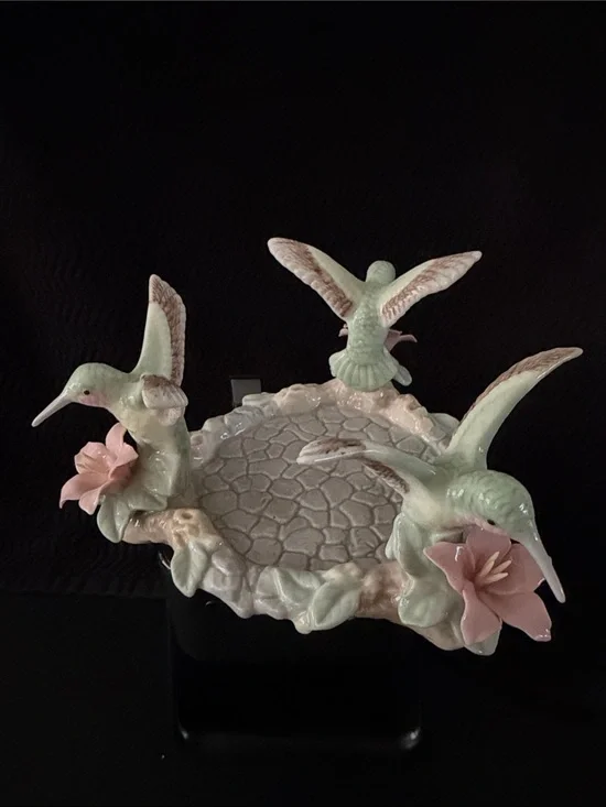 Galactika Pastel Green and Pink Porcelain Hummingbird Candle Holder/Trinket Dish