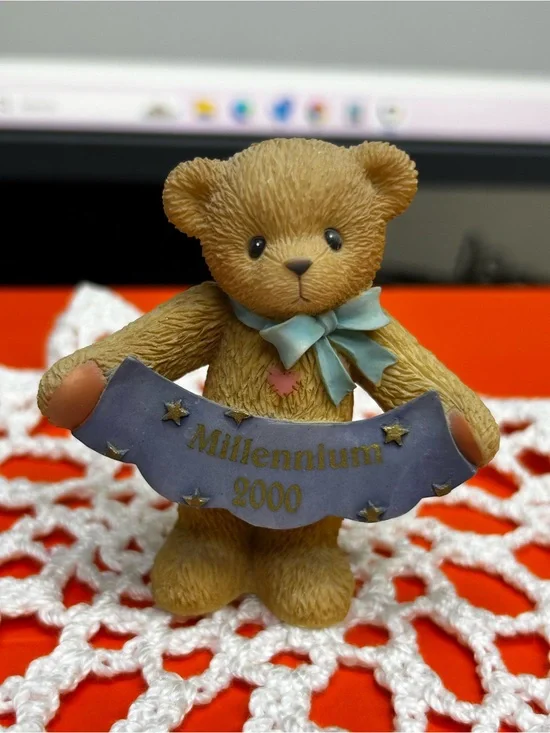 Cherished Teddies Millennium 2000 Beige Bear Figurine with Blue Ribbon