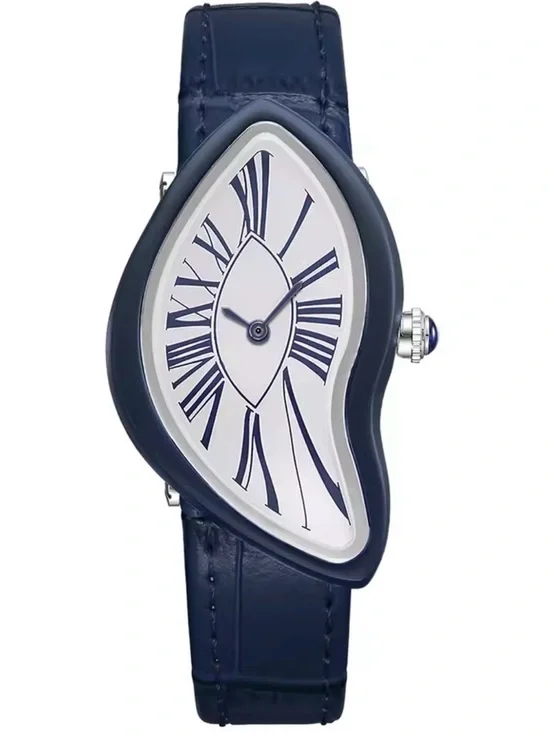 Blue Leather Strap Avant-Garde Smartwatch with Distinctive Curved Case