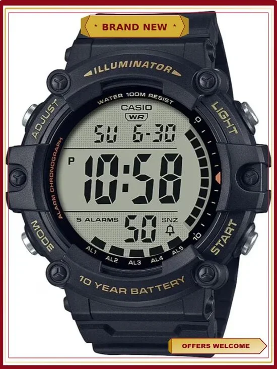 Men's Wide Face Digital Watch with Extra Long Resin Strap, 100m Water Resistant