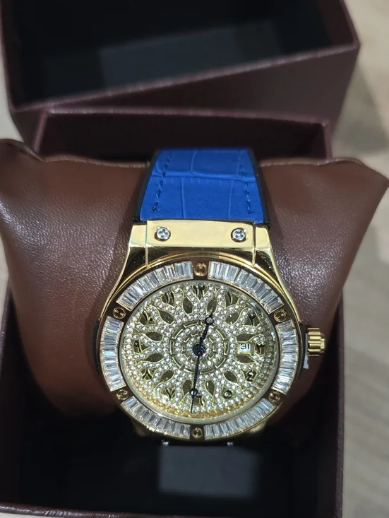 Gold-Tone Crystal Dial Men's Watch with Blue Leather Strap