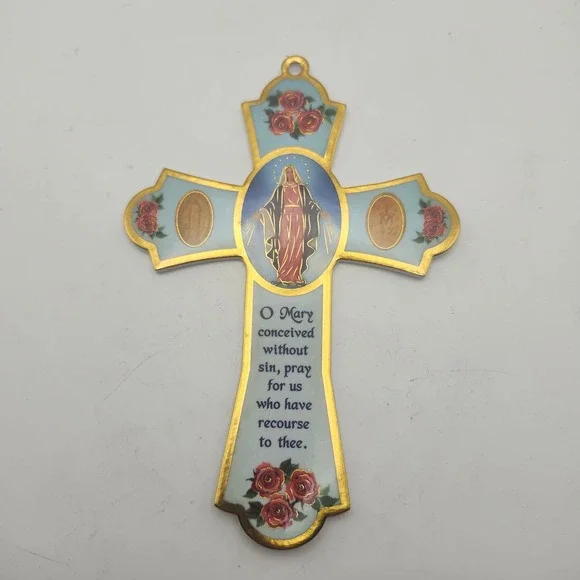 Our Lady Miraculous Medal Catholic Virgin Mary Roses Prayer Wall Cross Decor