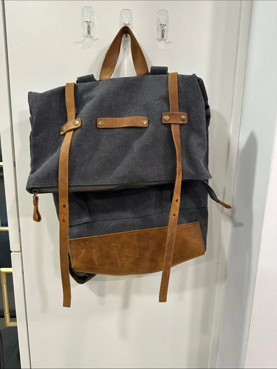 Crazy Lou Paris Canvas & Leather Roll-Top Backpack - Black and Brown