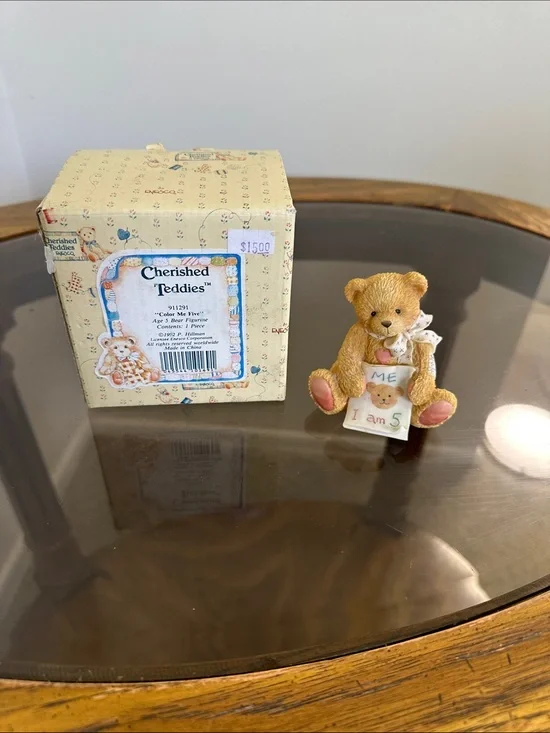 Cherished Teddies Tan and Pink 'I Am 5' Birthday Bear Figurine