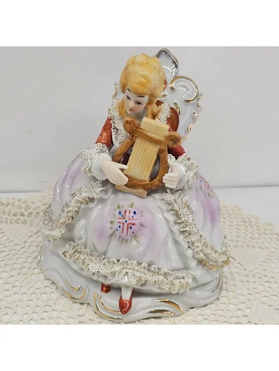 Vintage Nanco Hand-Painted Porcelain Figurine Lady Playing Harp Dresden Style 7